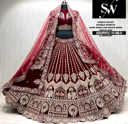 D.Maroon silk bridal double dupatta Lehenga