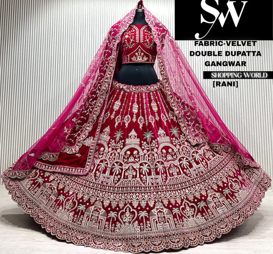 Rani pink silk bridal bouble dupatta Lehenga