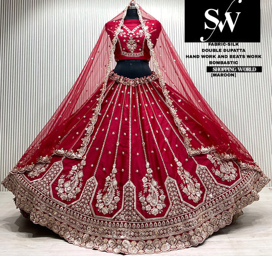 Maroon silk bridal bouble dupatta Lehenga