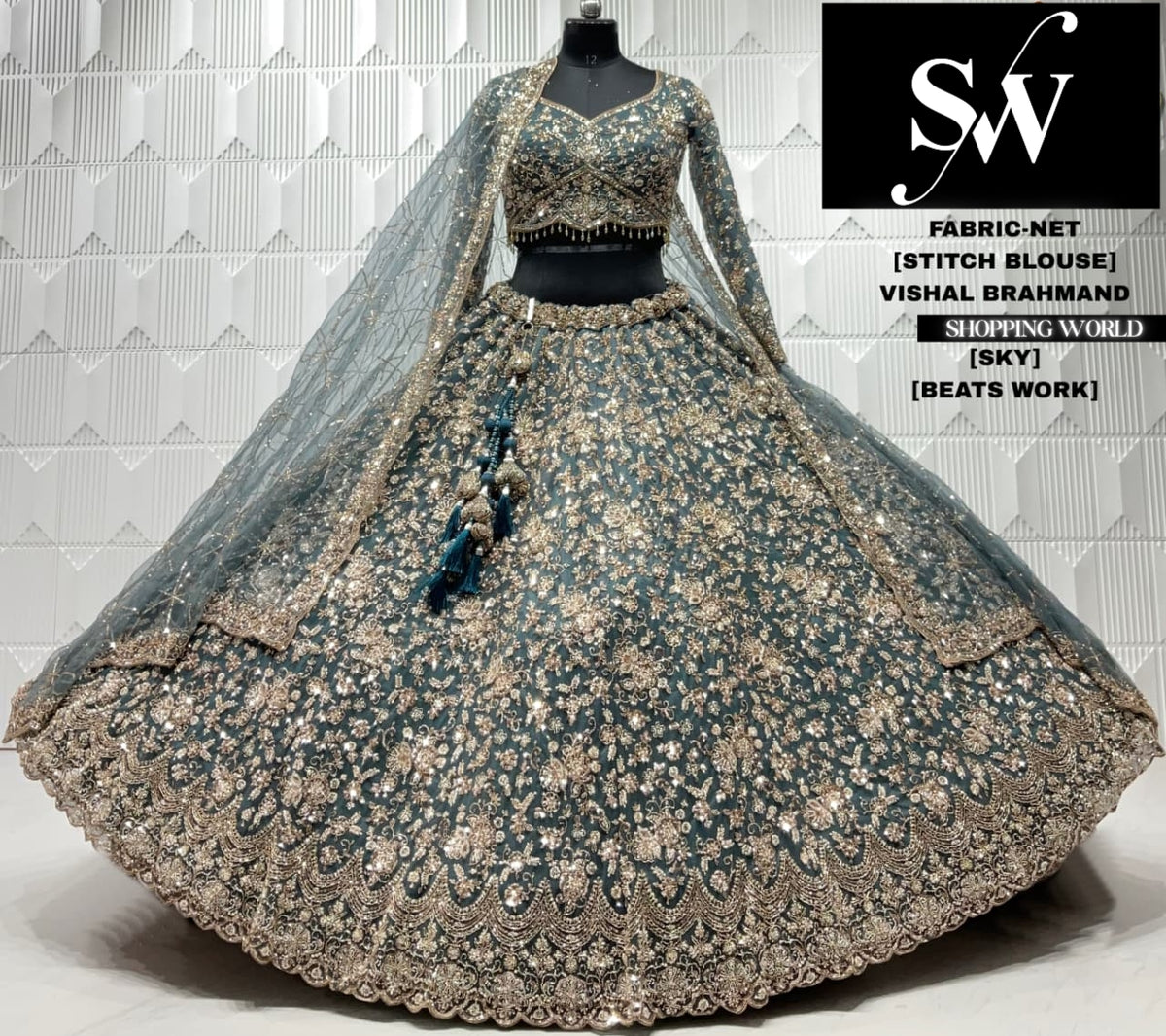 Peach net crop top lehenga