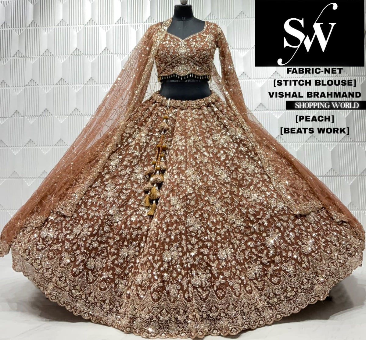Peach net crop top lehenga