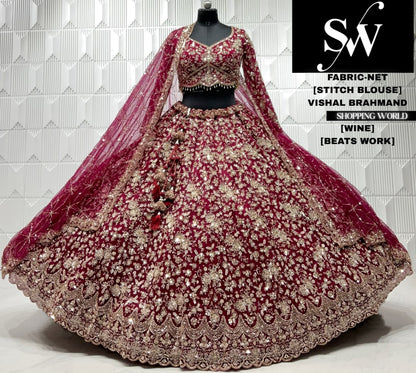 Peach net crop top lehenga