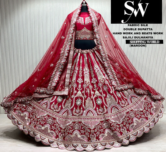 Red silk tree double dupatta bridal Lehenga