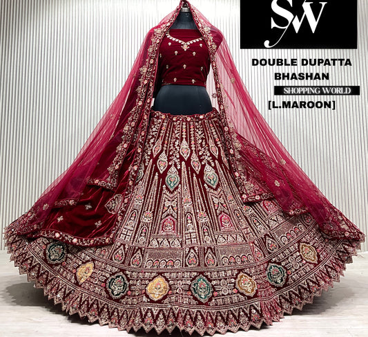 D.maroon silk peacock double dupatta bridal Lehenga