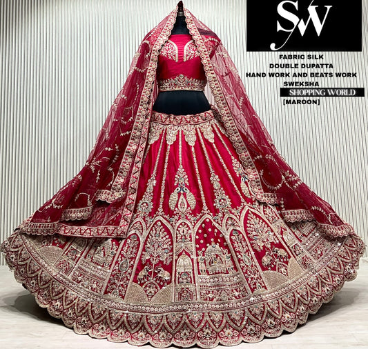 Maroon silk peacock double dupatta bridal Lehenga