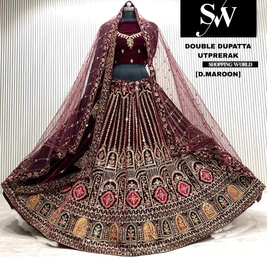 D.maroon silk double dupatta bridal Lehenga