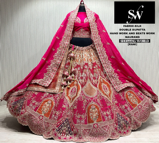 Rani pink silk flower double dupatta bridal lehenga