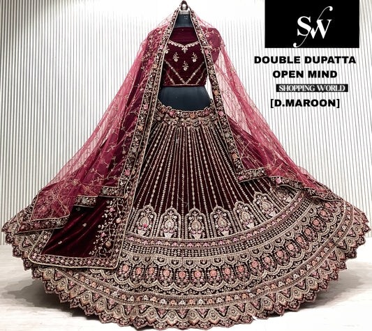 D.maroon double dupatta bridal lehenga