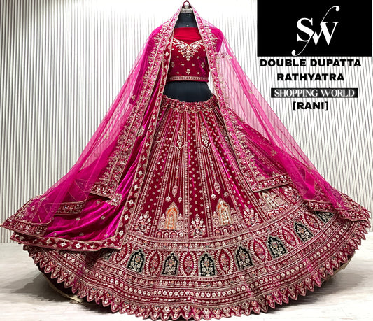 Rani pink silk temple double dupatta bridal lehenga