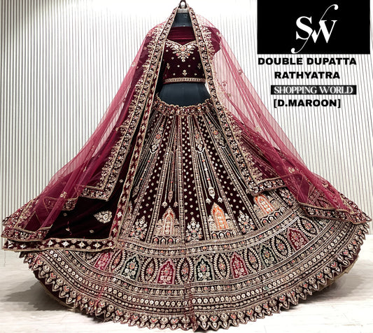 D.maroon silk temple double dupatta bridal lehenga