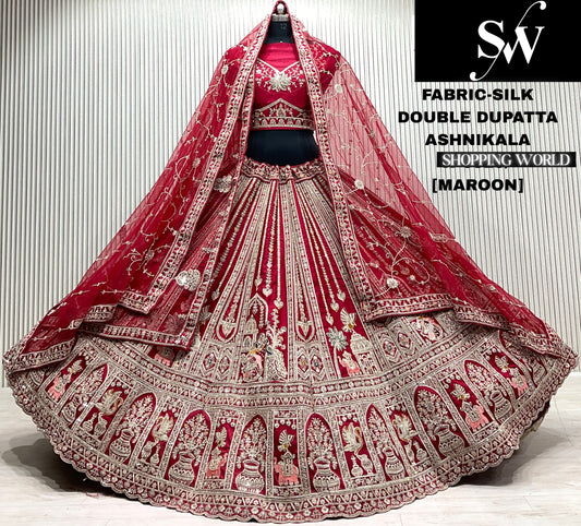 Red silk double dupatta bridal lehenga