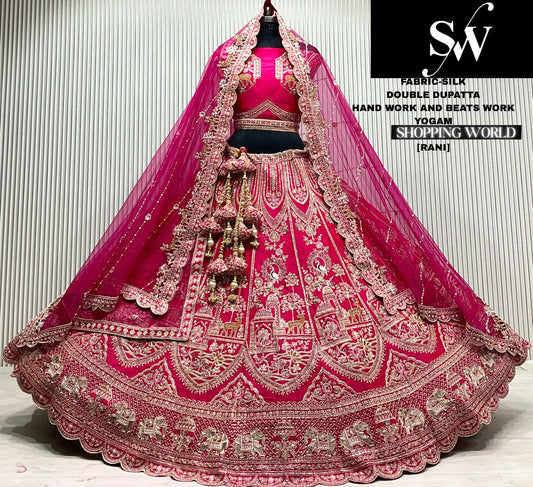 Rani pink silk peacock double dupatta bridal lehenga