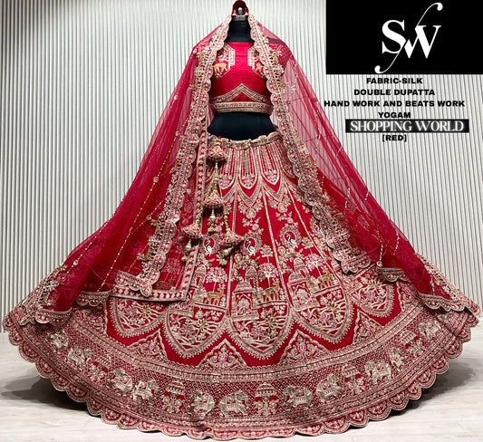 Red silk peacock double dupatta bridal lehenga