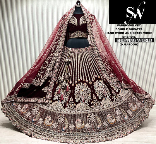 D.maroon silk double dupatta bridal lehenga