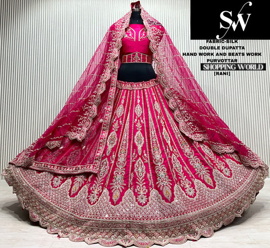 Rani pink silk double dupatta bridal lehenga