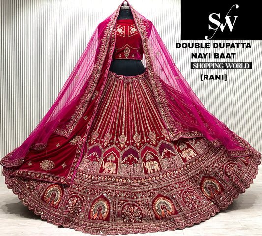 Rani pink silk elephant double dupatta bridal lehenga