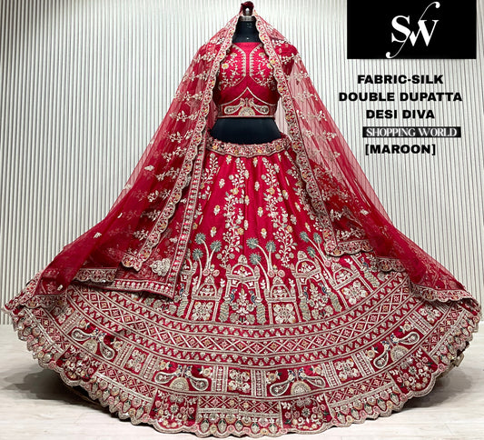Maroon silk peacock double dupatta bridal lehenga