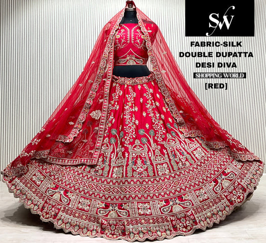 Red silk peacock double dupatta bridal lehenga