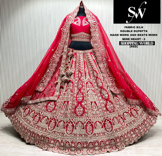 Rani pink silk bridal double dupatta lehenga