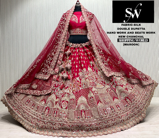 Maroon silk bridal double dupatta lehenga