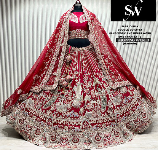 Maroon silk elephant bridal double dupatta lehenga