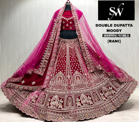 D.maroon velvet doli barat bridal double dupatta lehenga