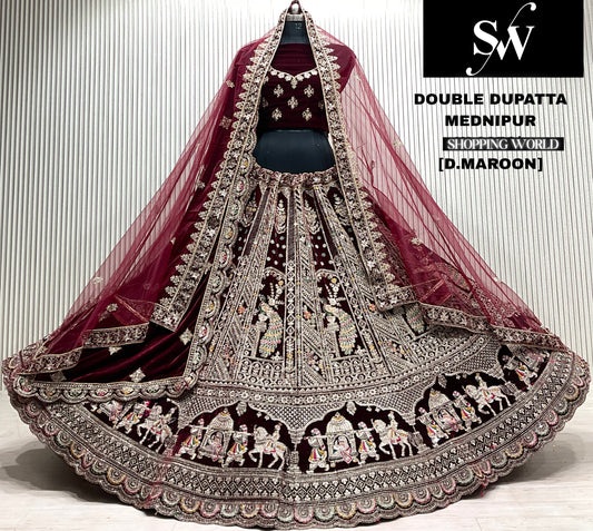 L.maroon velvet doli barat bridal double dupatta lehenga