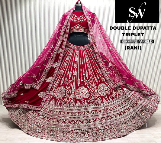 Rani pink velvet tree bridal double dupatta lehenga