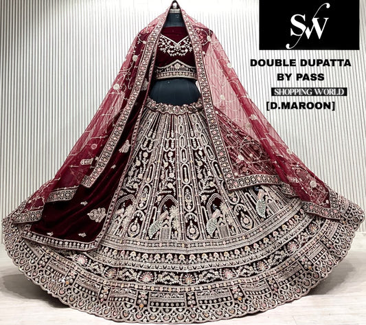 D.maroon velvet peacock bridal double dupatta lehenga