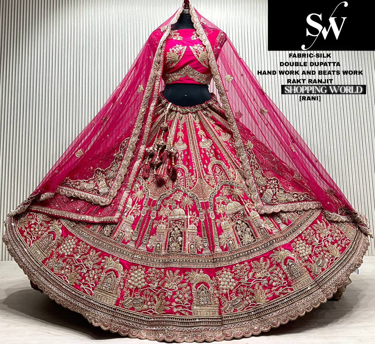 Maroon silk tree bridal double dupatta lehenga