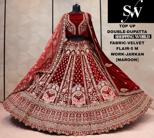 D.Maroon velvet bridal double dupatta lehenga
