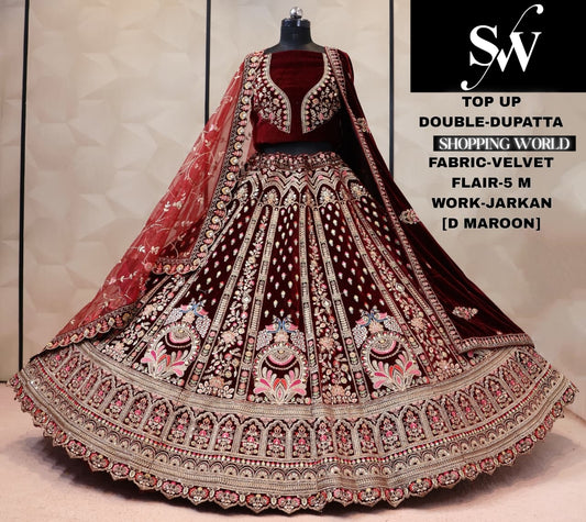 Rani pink velvet bridal double dupatta lehenga