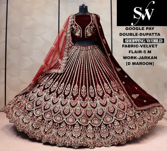 maroon velvet bridal double dupatta lehenga