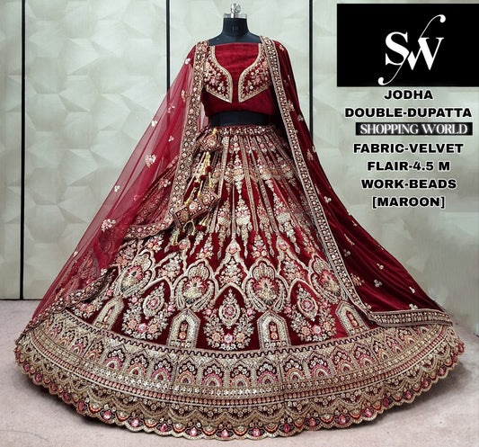 Raspberry cherry red velvet bridal double dupatta lehenga