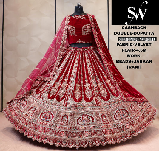Rani pink velvet bridal double dupatta lehenga