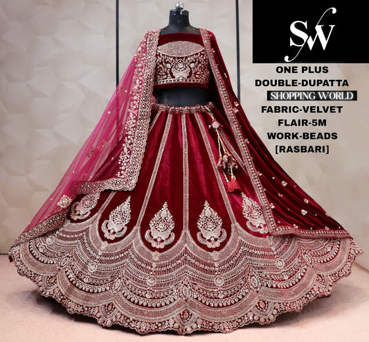 Raspberry cherry red velvet bridal double dupatta lehenga