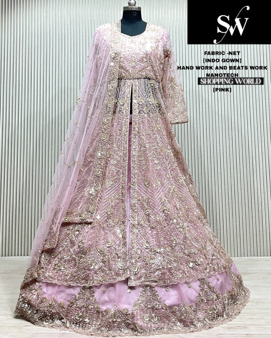 Maroon net Long Farshi Garara Indo Western Dress lehenga