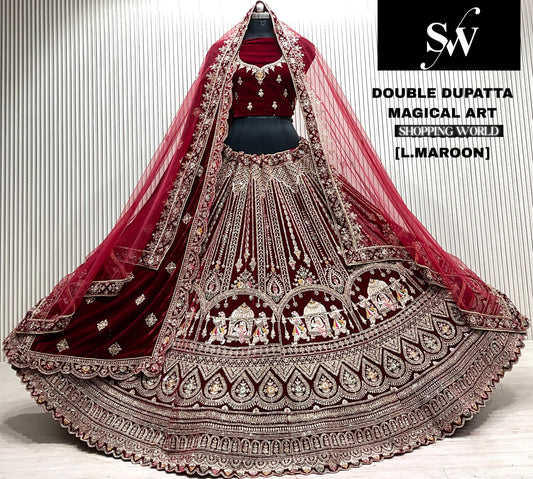 Rani pink velvet doli barat bridal double dupatta lehenga