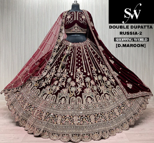 D.Maroon velvet bridal double dupatta lehenga