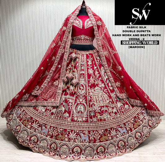 Maroon silk bridal double dupatta lehenga