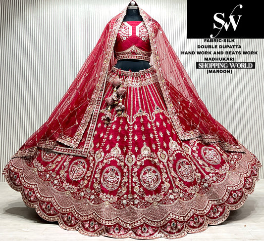 Maroon silk bridal double dupatta lehenga