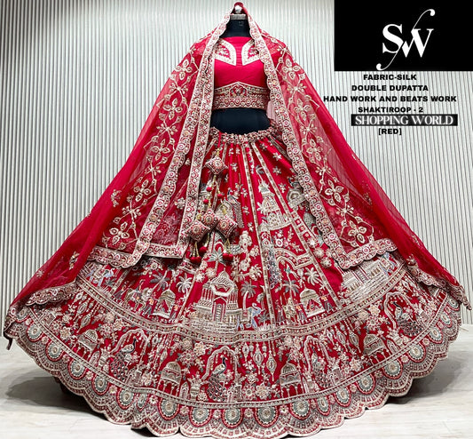 Rani pink silk doli barat bridal double dupatta lehenga
