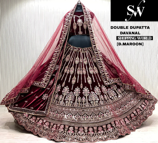 Rani pink velvet bridal double dupatta lehenga