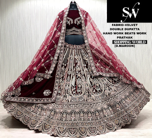 D.Maroon velvet bridal double dupatta lehenga