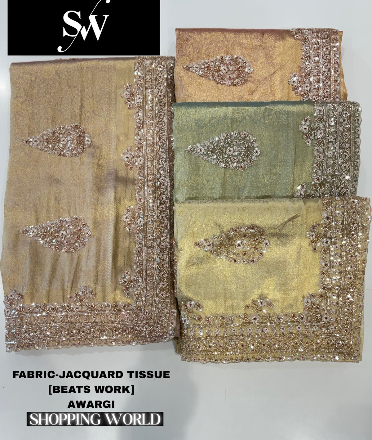 Brown yellow green golden jacquard tissue Designer Saree