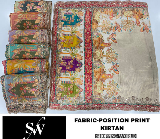 White green blue orange Lavender peach pista green position print Designer Saree
