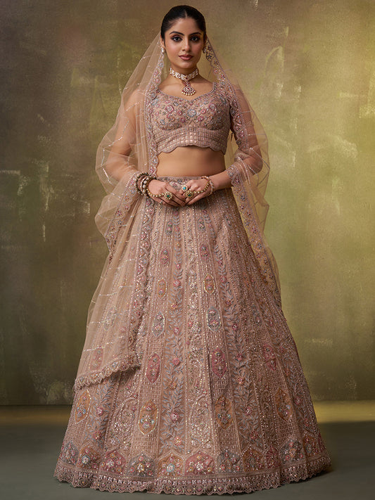 Pretty Beige Net Fabric Sequins Lehenga 6249