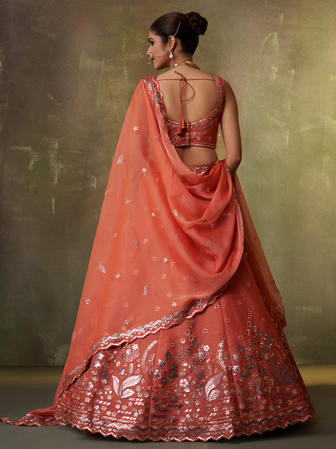 Amazing pink organza Fabric Sequins thread Lehenga 6287