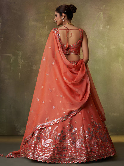 Amazing pink organza Fabric Sequins thread Lehenga 6287