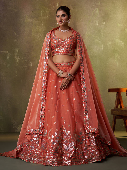 Engaging Orange Organza Fabric Sequins thread Lehenga 6287